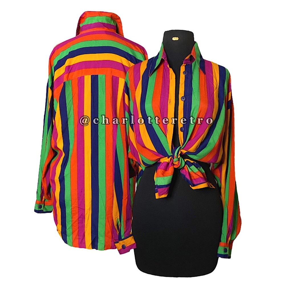vtg Neon Striped Button Down Shirt